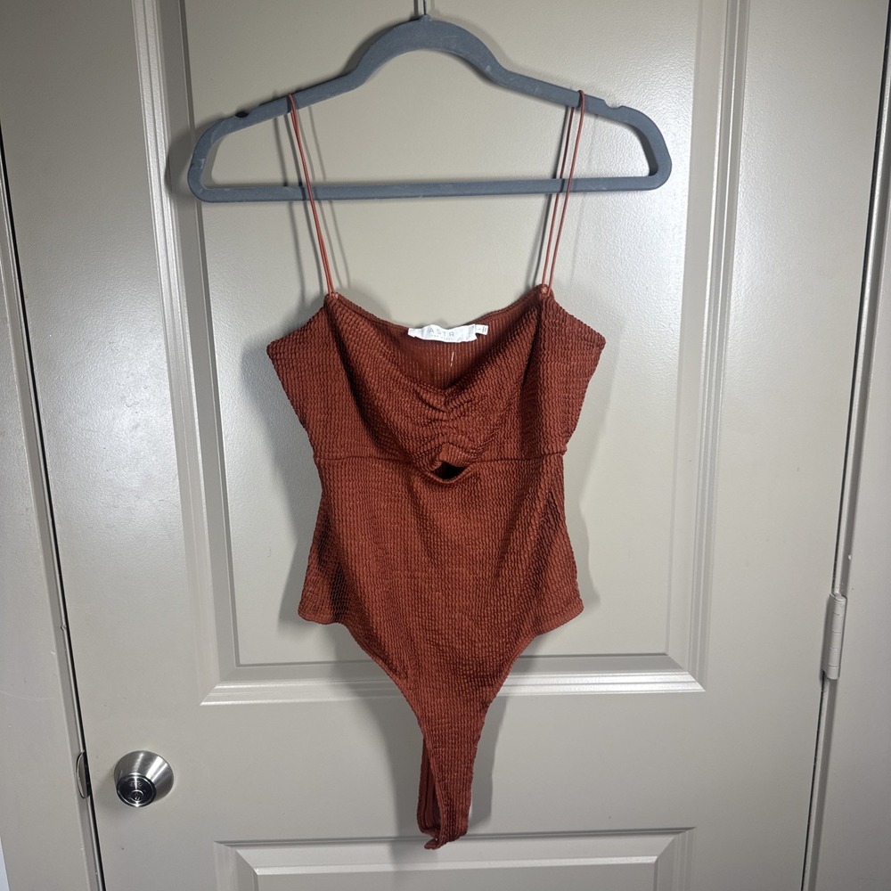 ASTR The Label Cognac Textured Cowl Neck Cutout Bodysuit NWT